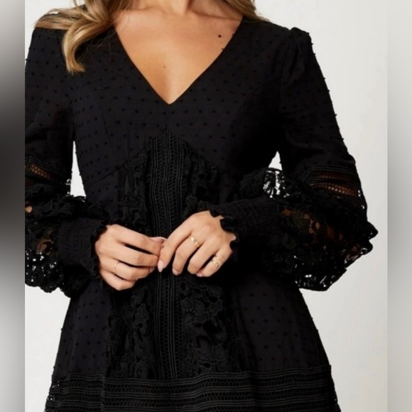 Bardot Mae Mesh Lace & Swiss Dot Long Sleeve Fit & Flare Mini Dress - Picture 3 of 8